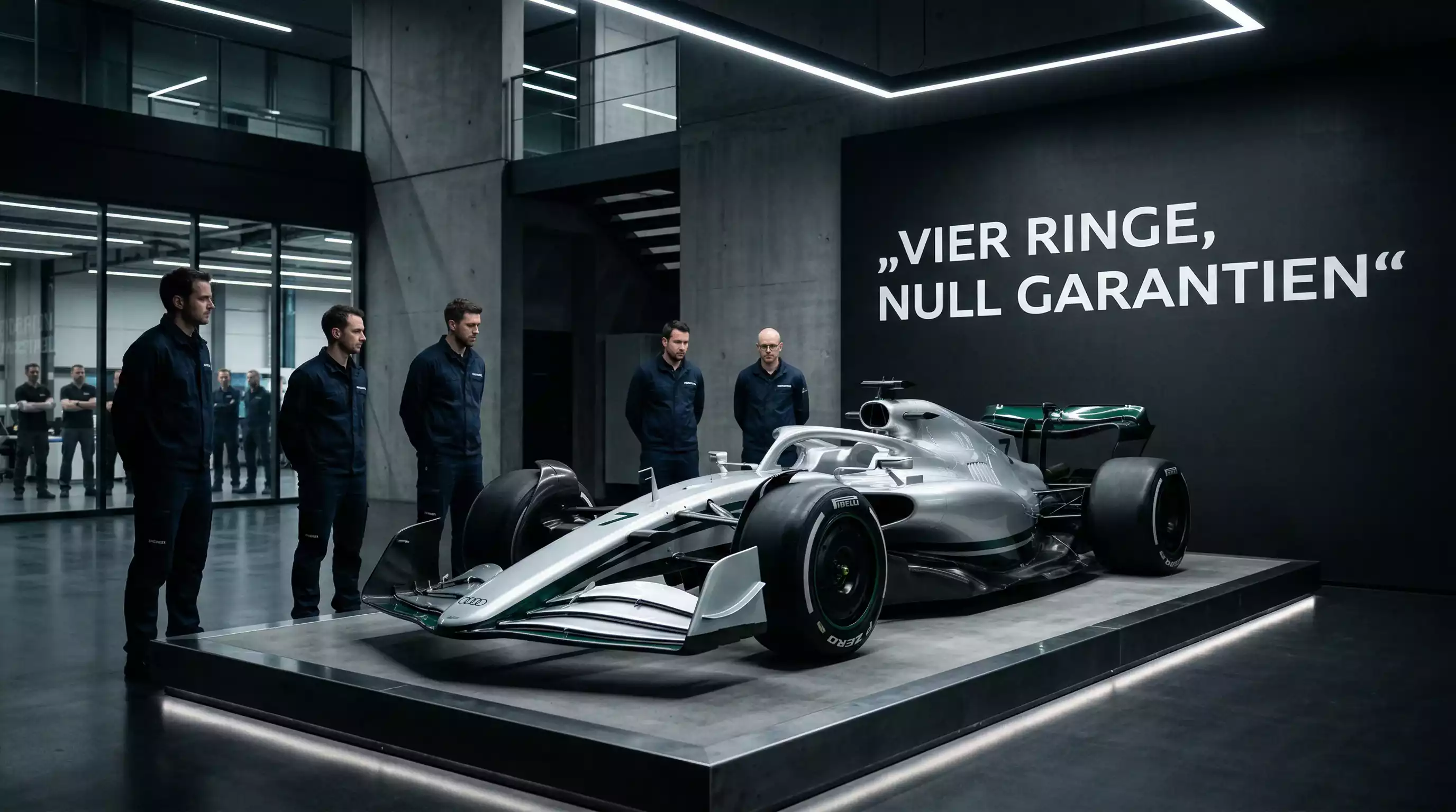 Moderner Formel-1-Bolide in der Boxengasse einer Fabrikhalle mit Ingenieuren im Hintergrund – Audi F1