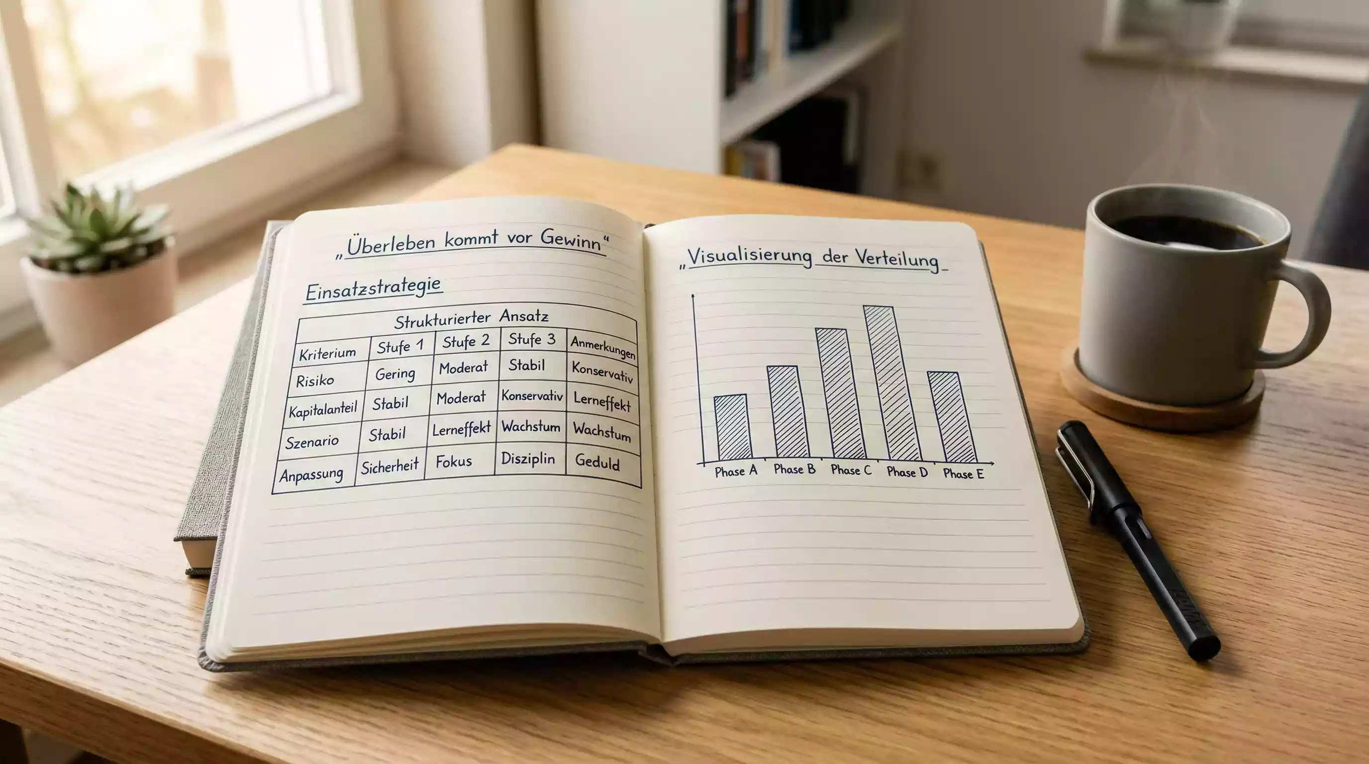 Notizbuch mit handgeschriebenem Staking-Plan neben einem Stift auf einem Schreibtisch