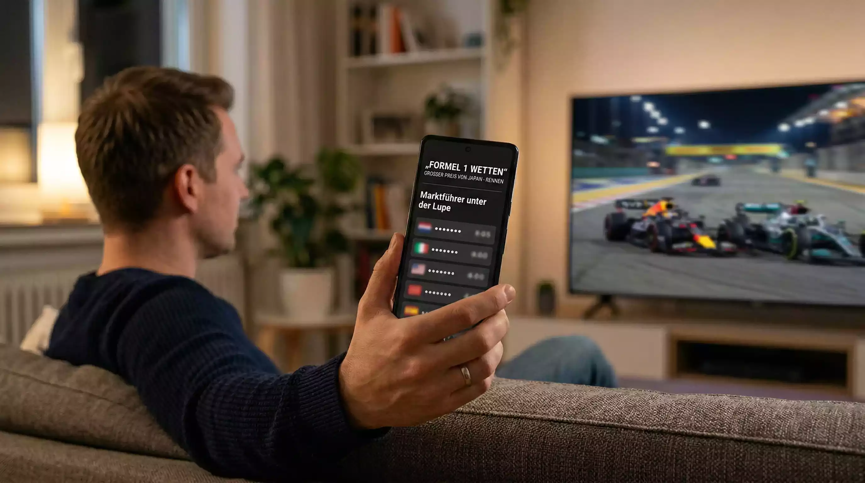 Smartphone mit einer Sportwetten-App und F1-Quoten auf dem Bildschirm neben einer Rennstrecke