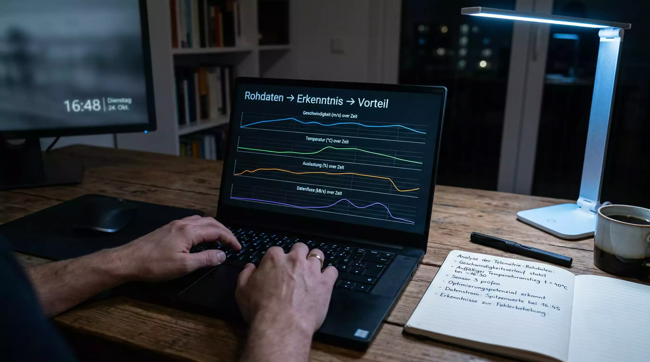 Laptop-Bildschirm mit Telemetrie-Diagrammen und Rundenzeiten neben einem Notizbuch – F1-Datenanalyse