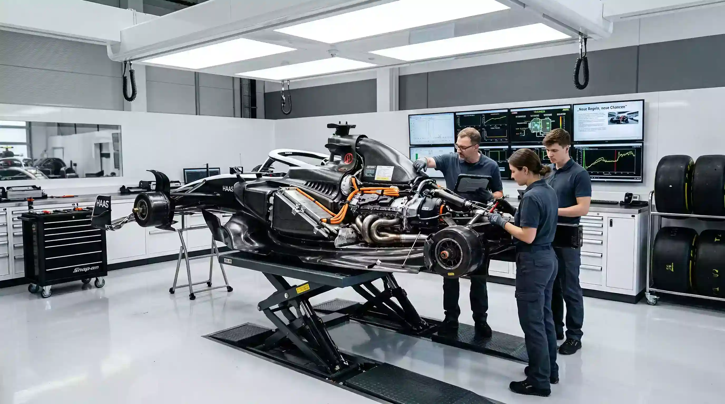 F1 Reglement 2026 mit futuristischem Formel 1 Bolide in der Boxengasse