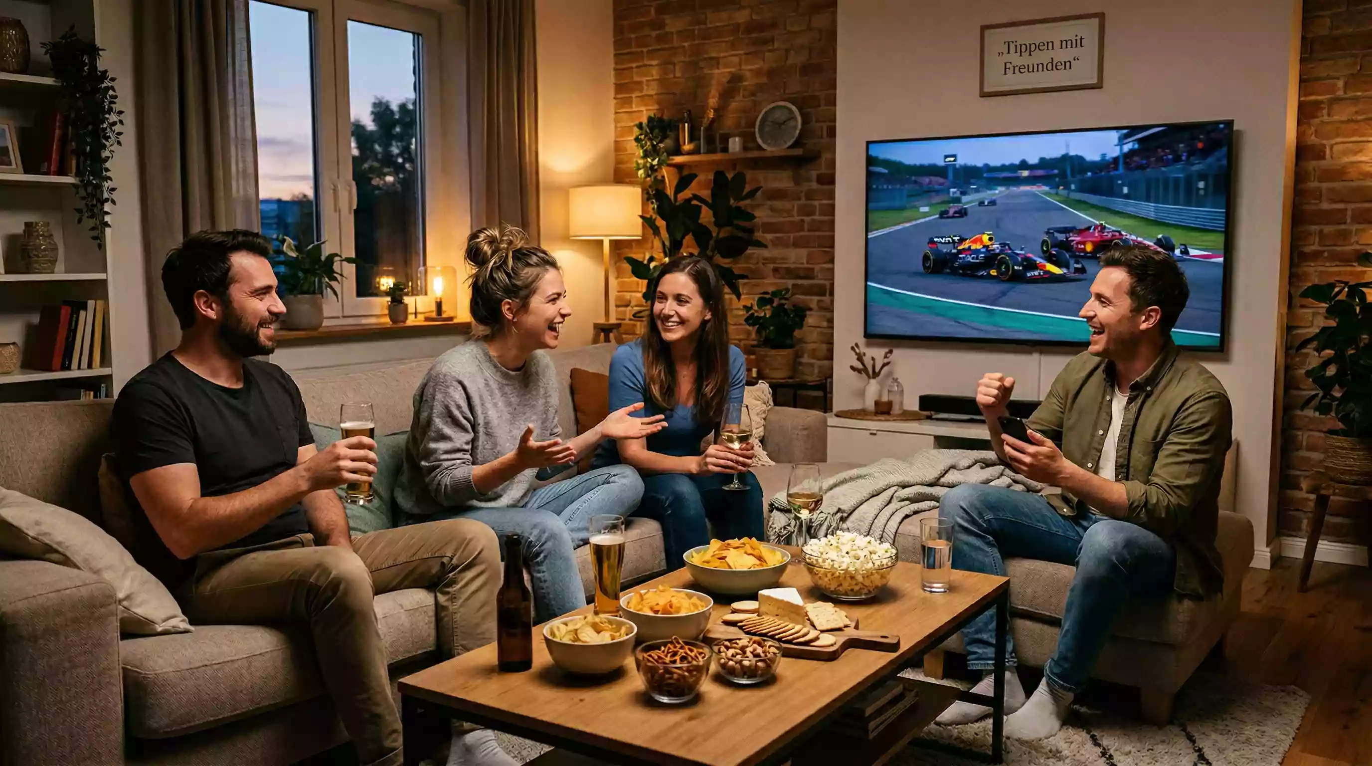 Gruppe von Freunden schaut gemeinsam ein Formel-1-Rennen und diskutiert Tipps