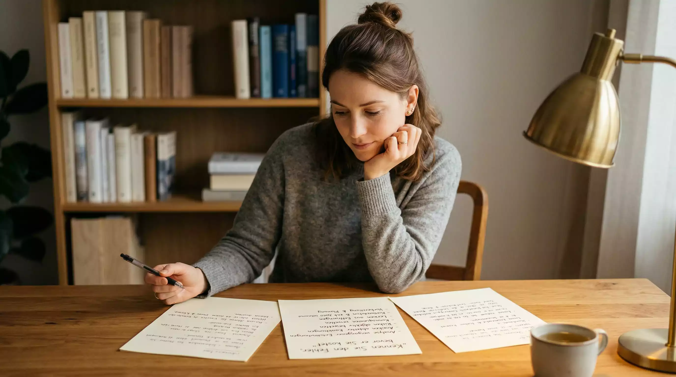 Person hält nachdenklich den Kopf vor einem Schreibtisch mit Notizen – typische Wettfehler vermeiden