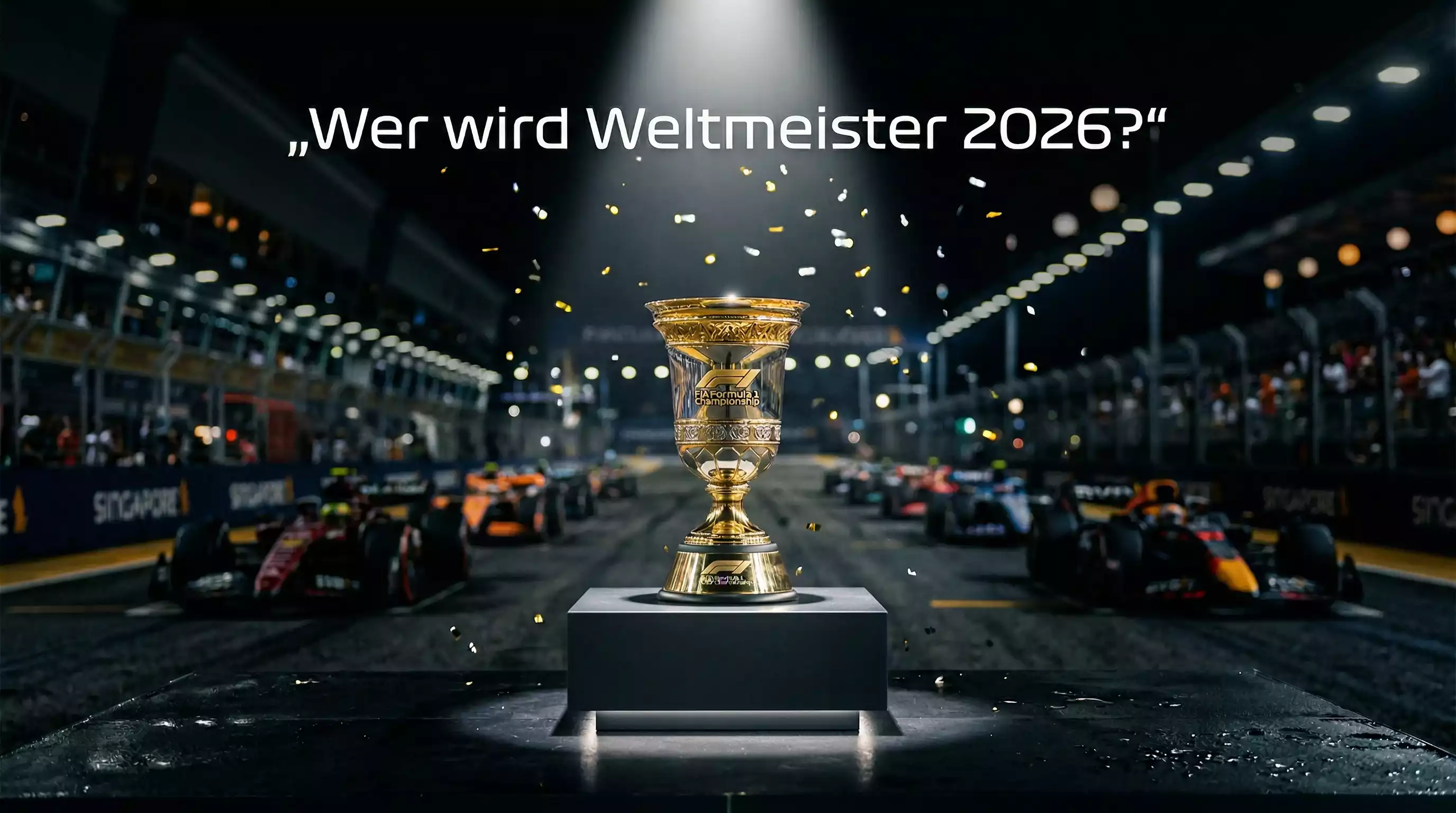 Formel-1-Pokal auf einem Podium mit verschwommenen Rennwagen im Hintergrund – WM-Quoten 2026