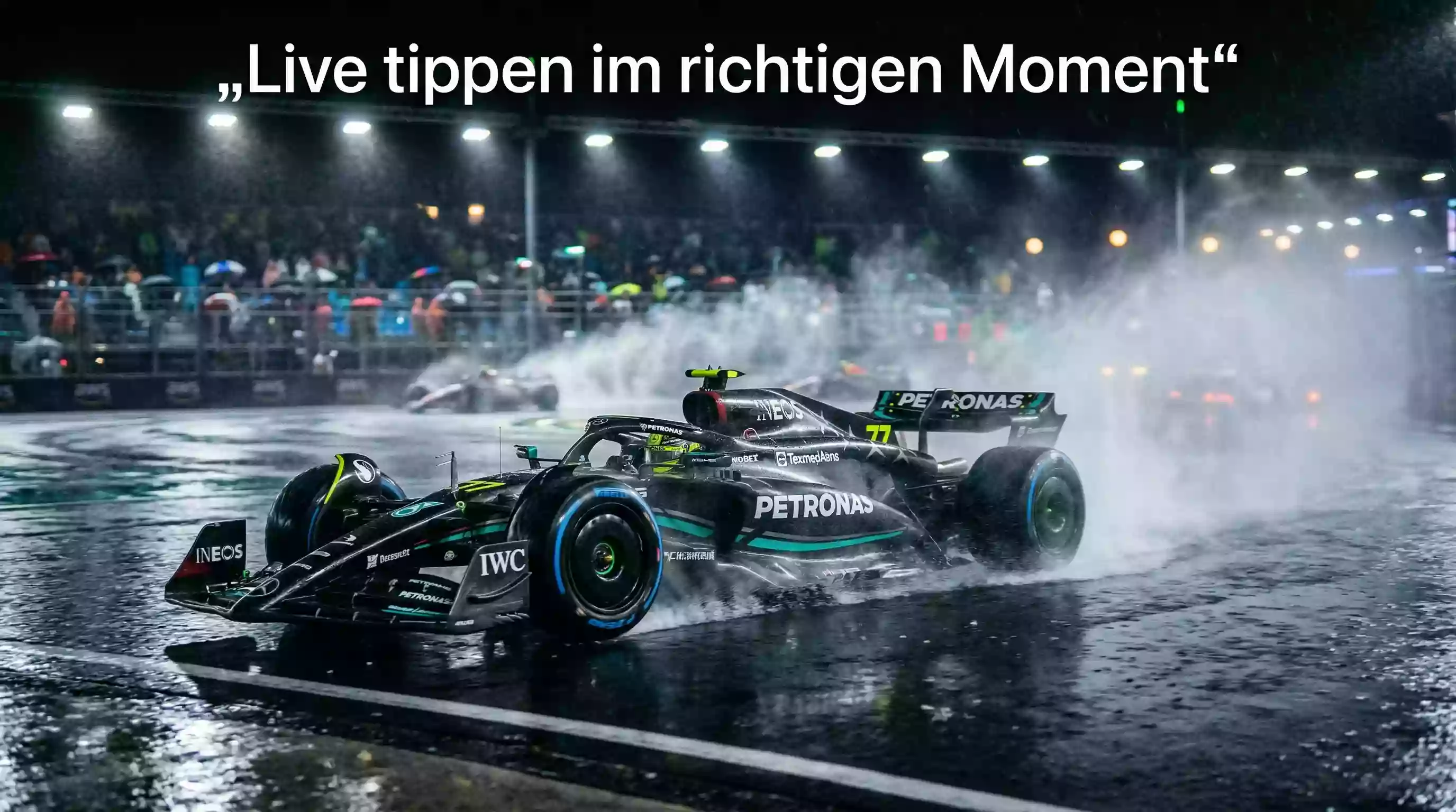Formel-1-Bolide fährt bei Regen durch eine Kurve, Live-Wetten-Stimmung am Bildschirm