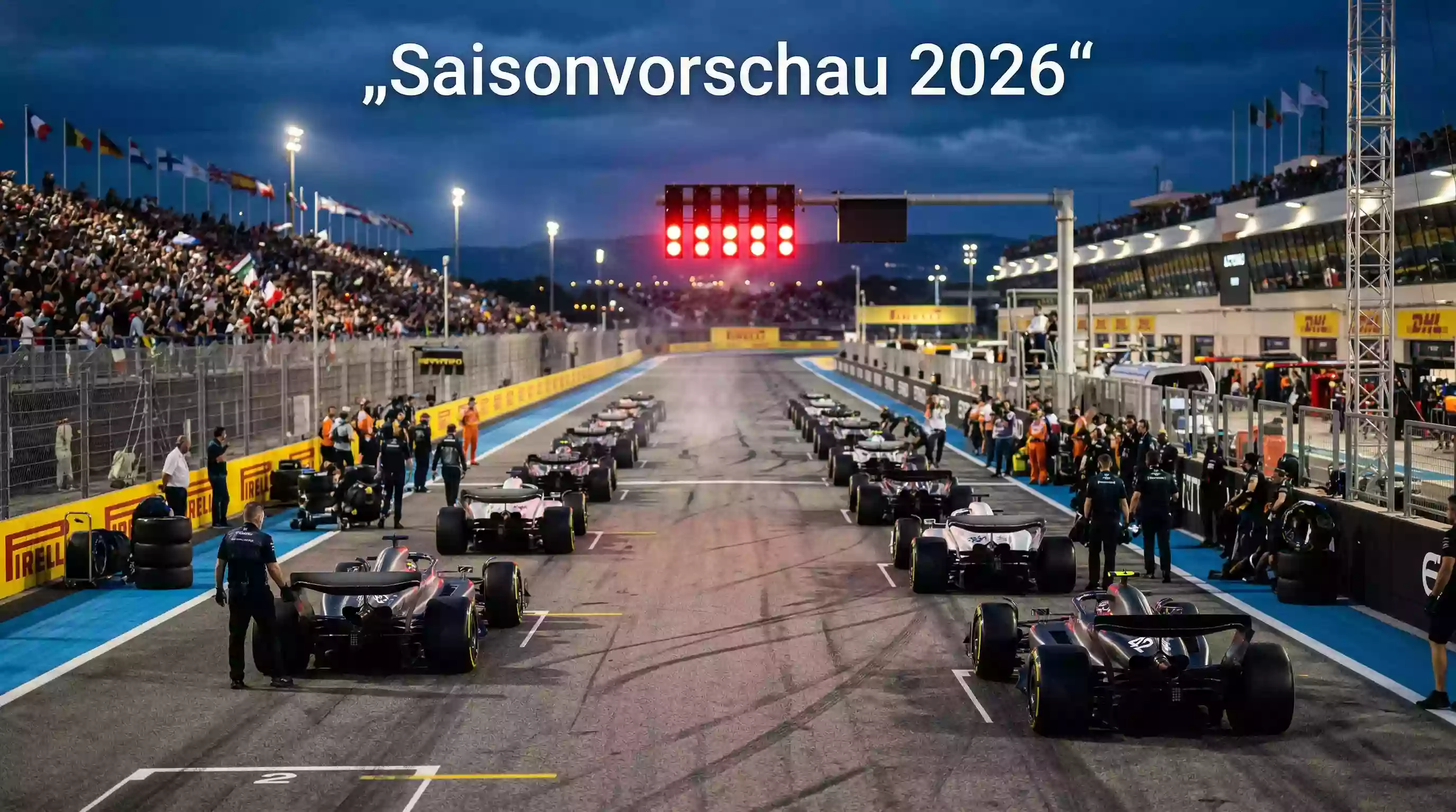 Startaufstellung mehrerer Formel-1-Boliden vor dem Saisonstart 2026 auf einer beleuchteten Rennstrecke