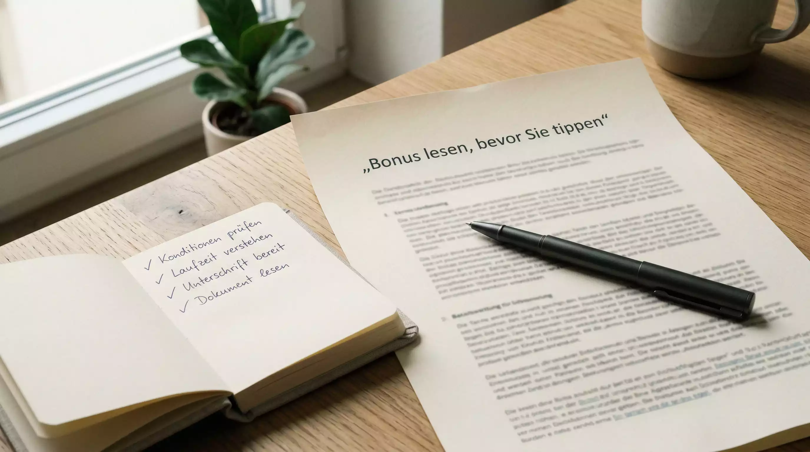 Aufgeschlagenes Dokument mit Bonusbedingungen neben einem Stift und einem Notizbuch
