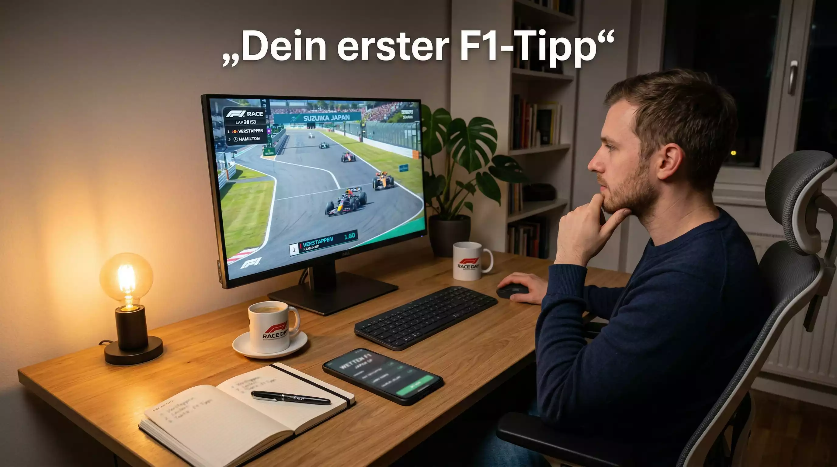 Junger Fan verfolgt ein Formel-1-Rennen auf dem Smartphone und platziert seine erste Sportwette