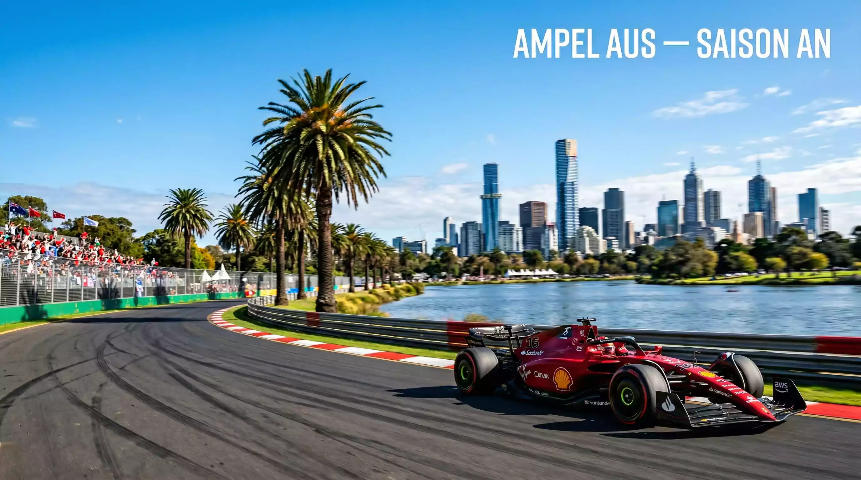 Formel-1-Bolide auf dem Albert Park Circuit in Melbourne mit Skyline im Hintergrund