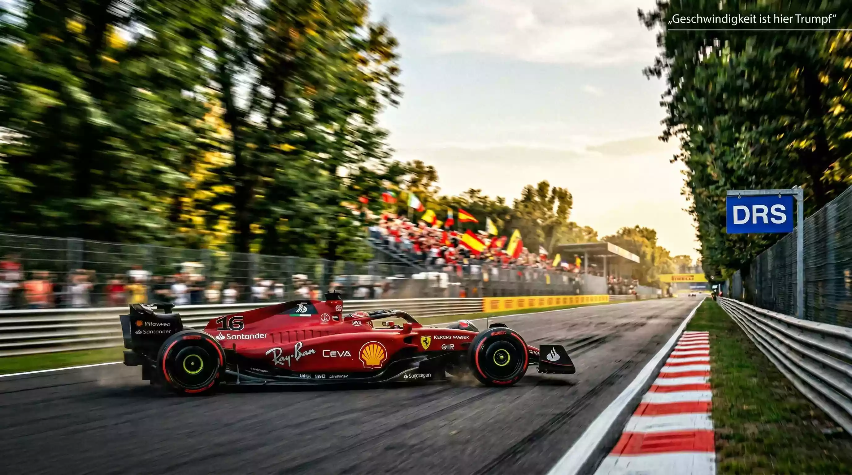 Formel-1-Bolide auf der langen Geraden von Monza mit hoher Geschwindigkeit und tifosi-Fahnen am Rand