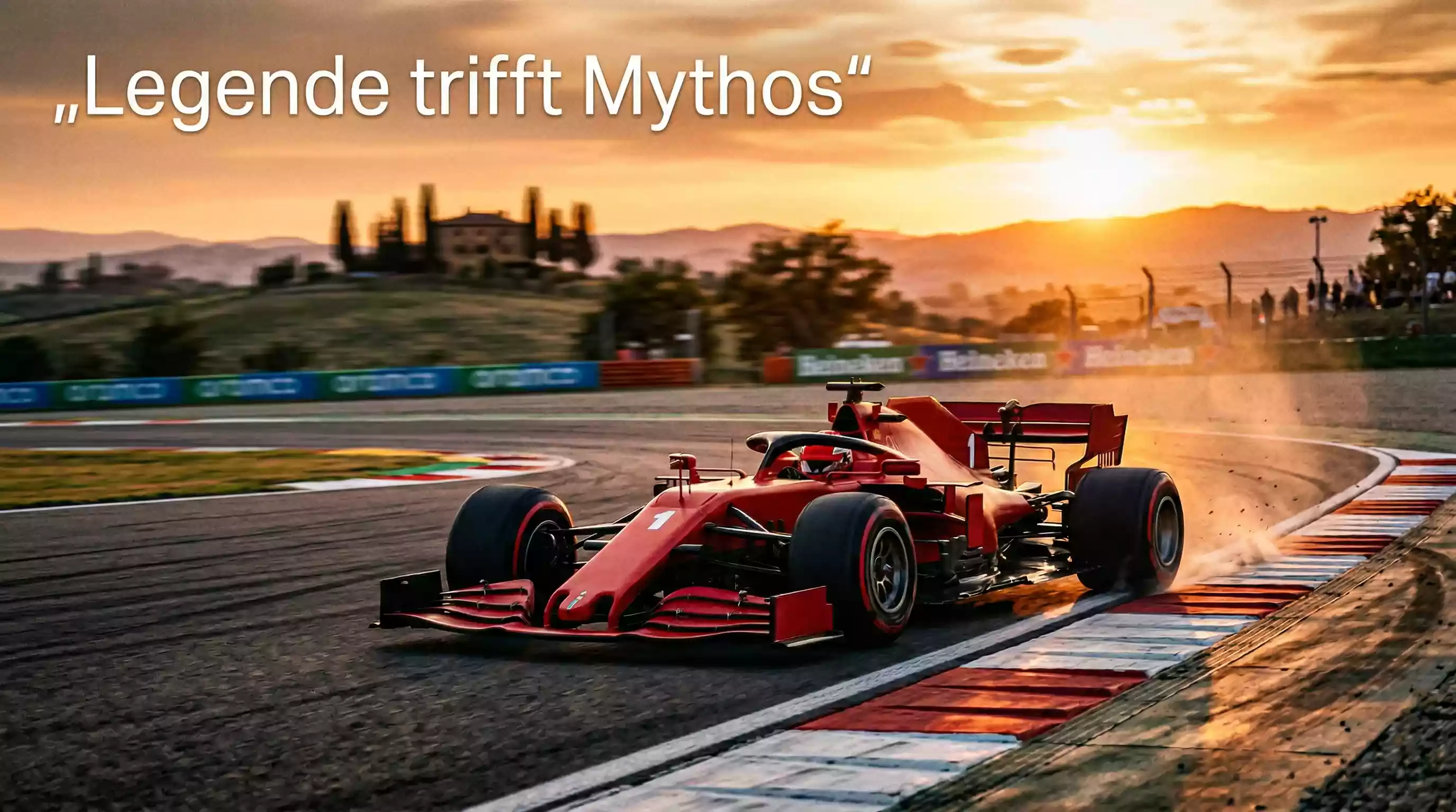 Roter Formel-1-Bolide von Ferrari auf der Rennstrecke im Abendlicht – Hamilton 2026