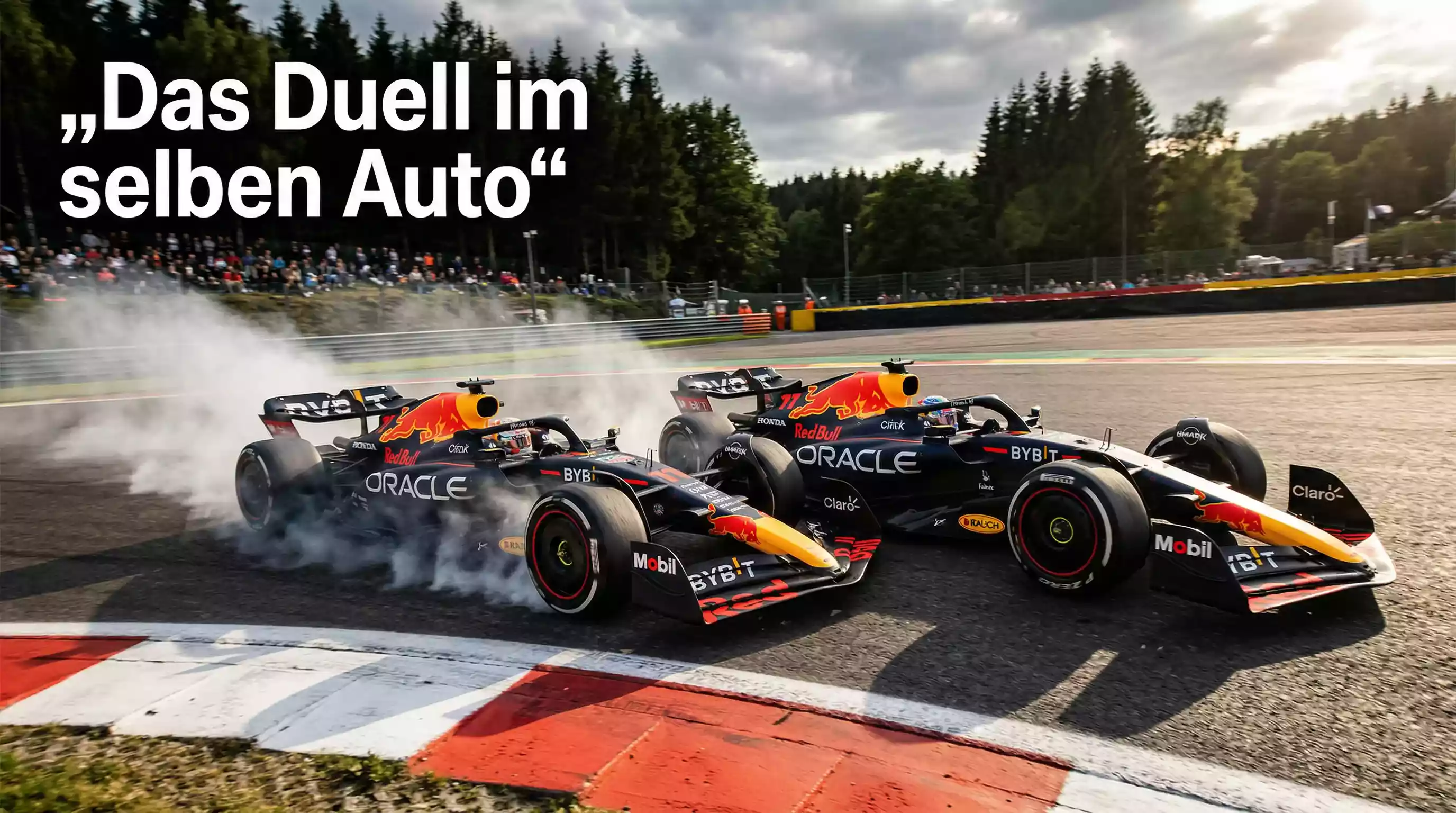 Zwei Formel-1-Boliden desselben Teams fahren nebeneinander durch eine Kurve