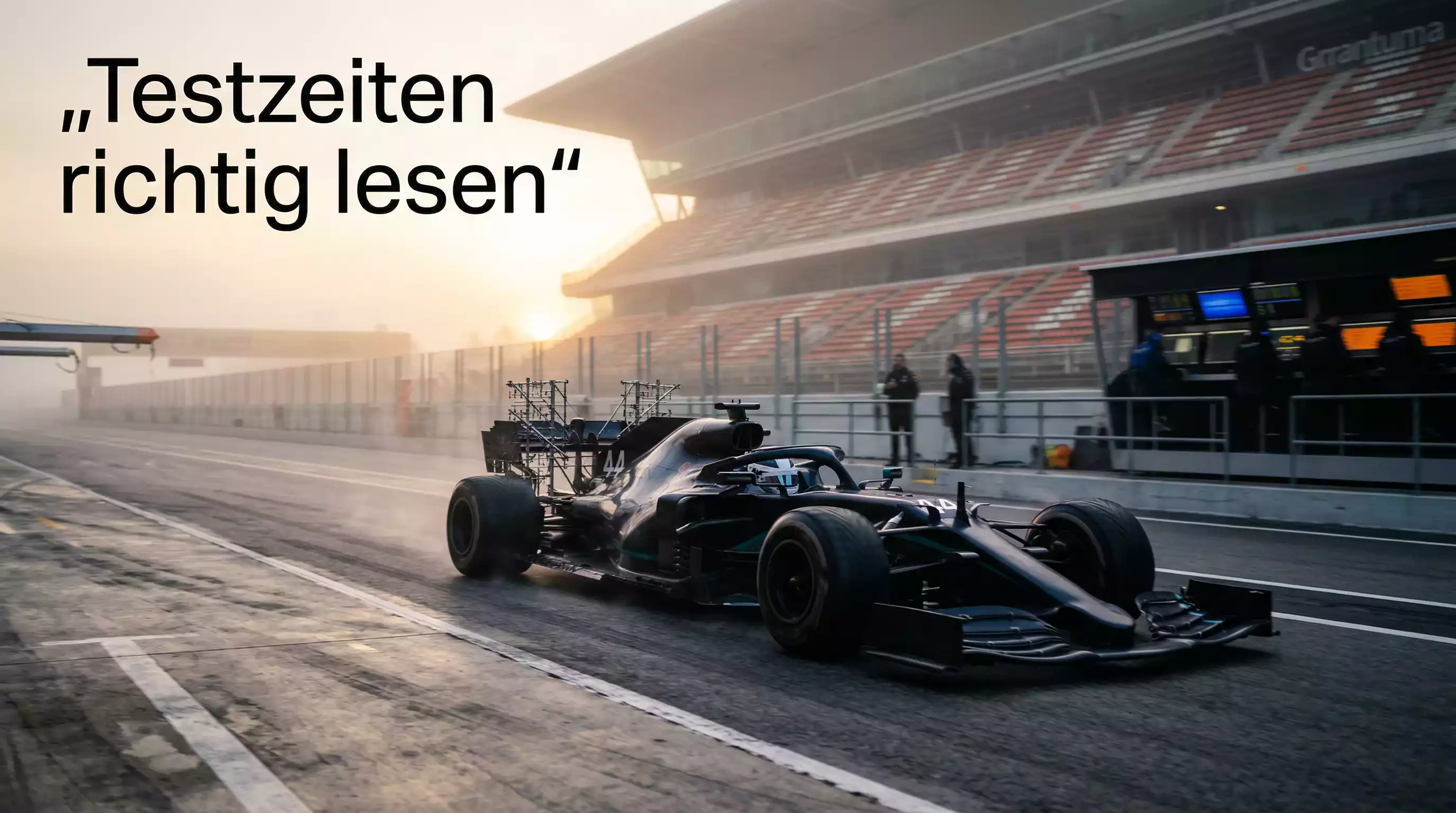 Formel-1-Bolide bei Testfahrten auf leerer Rennstrecke im Morgenlicht mit Messsensoren