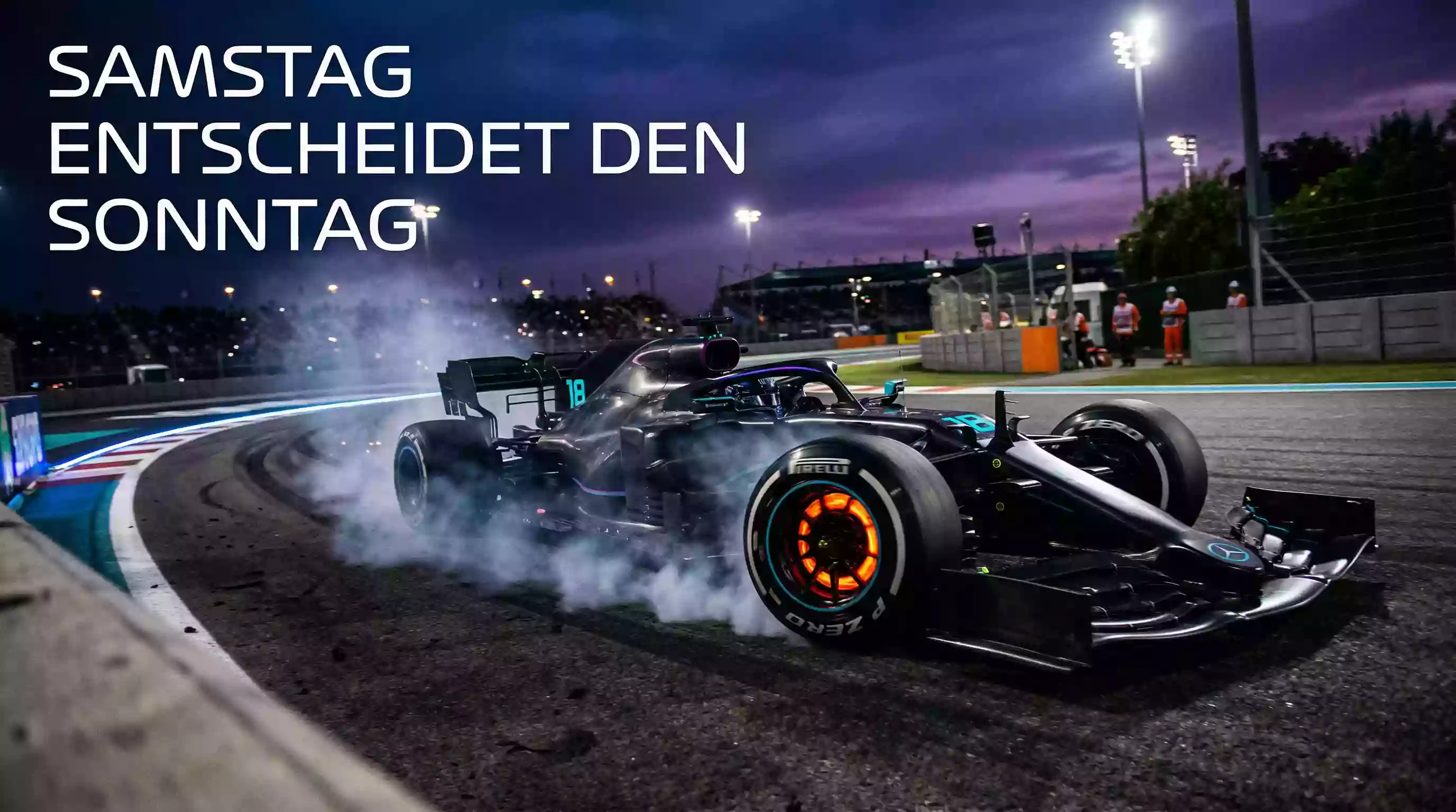 Formel-1-Bolide auf einer schnellen Qualifying-Runde mit sichtbarer Bremsglut in der Dämmerung