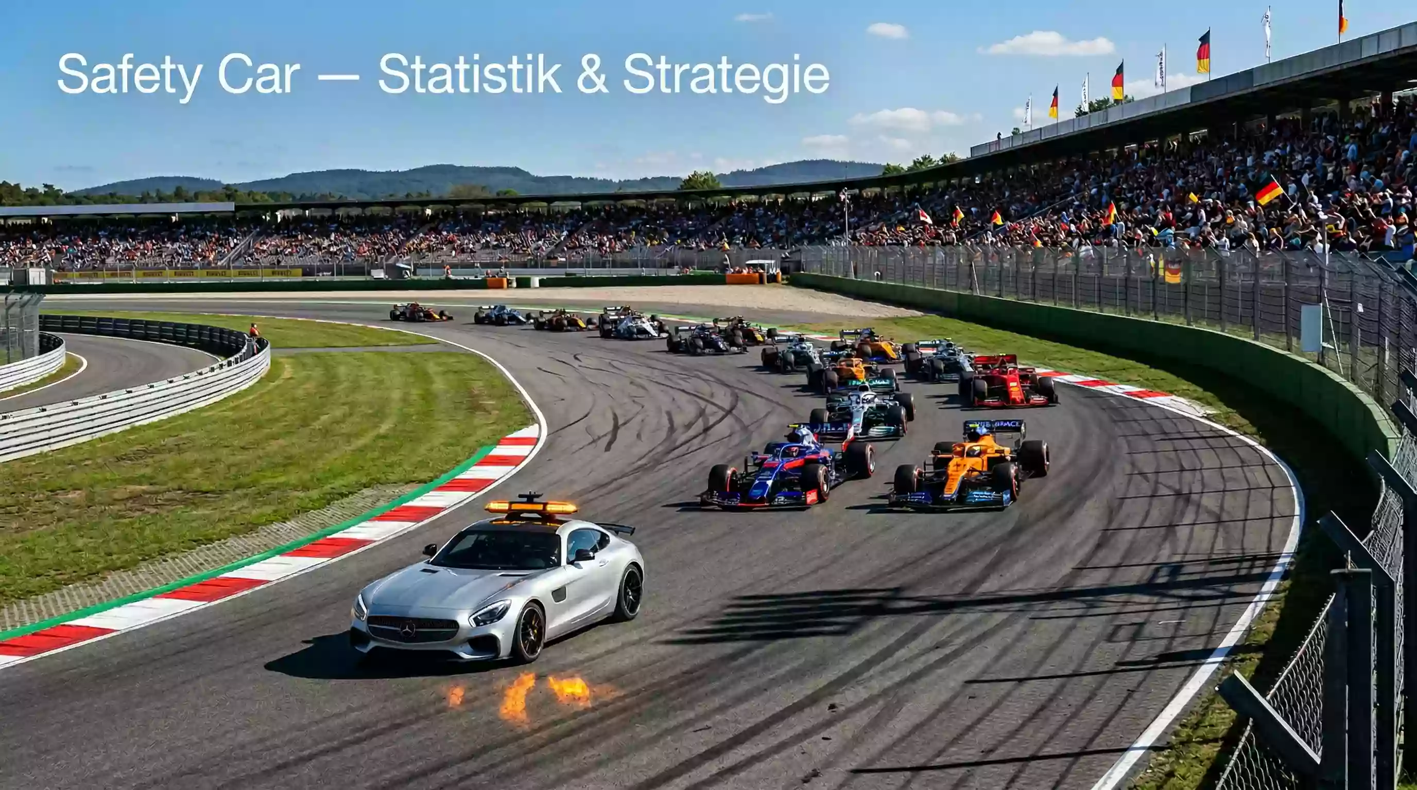 Formel-1-Safety-Car mit blinkenden Leuchten führt das Feld auf einer Rennstrecke an