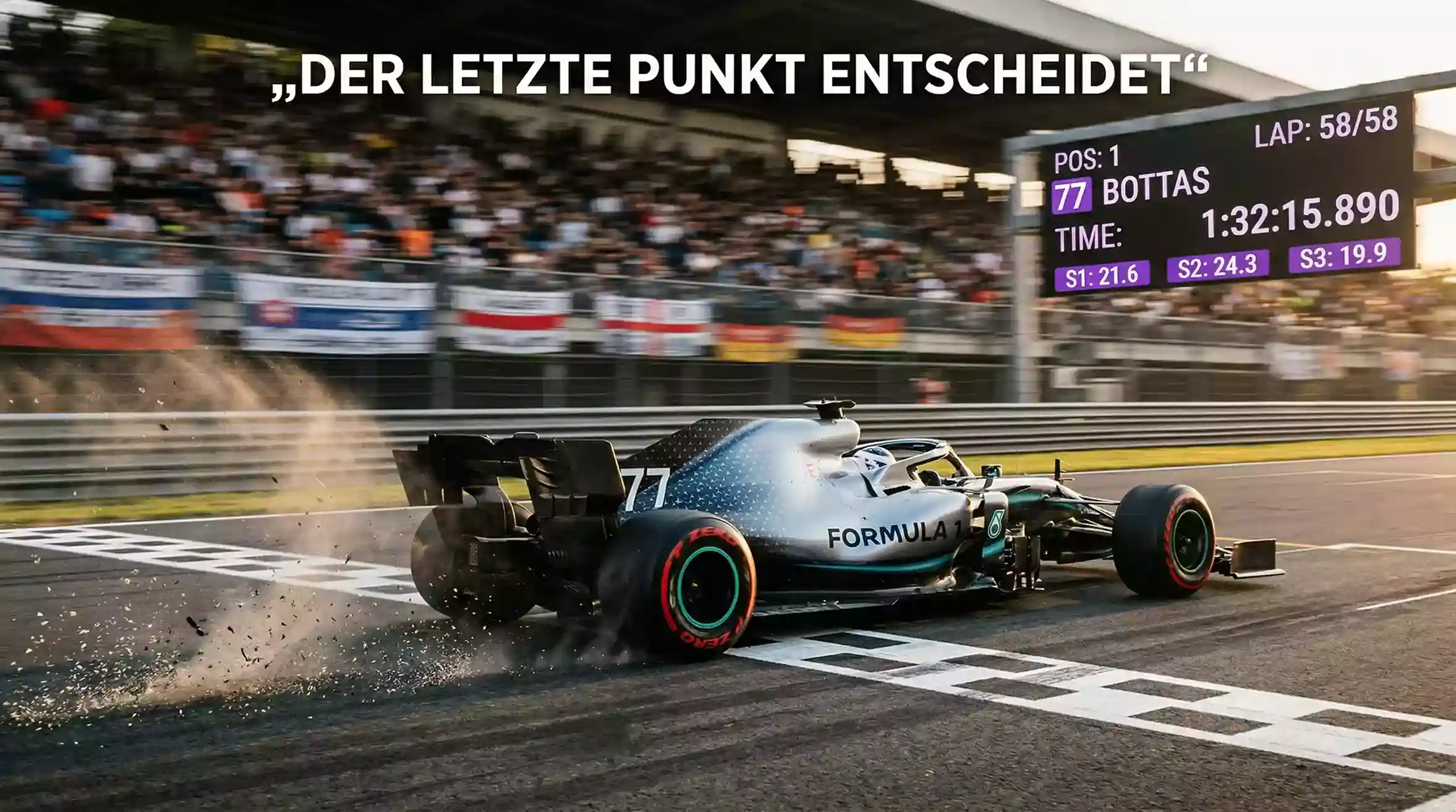 Formel-1-Bolide auf der Zielgeraden mit sichtbarem Reifenabrieb – schnellste Runde