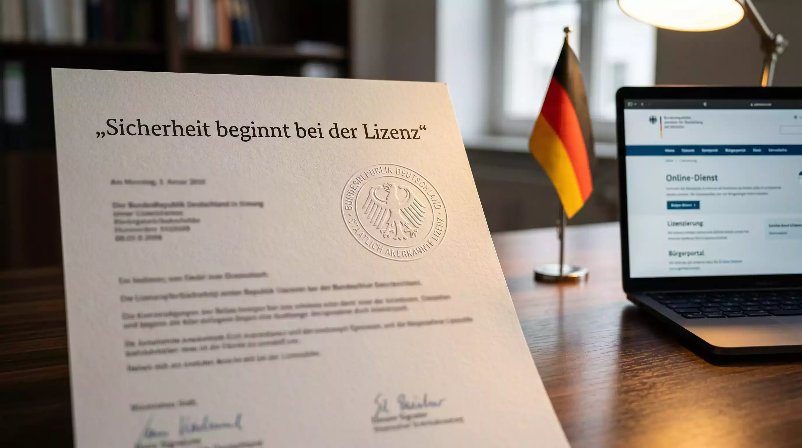Offizielles Dokument mit einem Siegel neben einem Laptop – GGL-Lizenz für Sportwetten in Deutschland