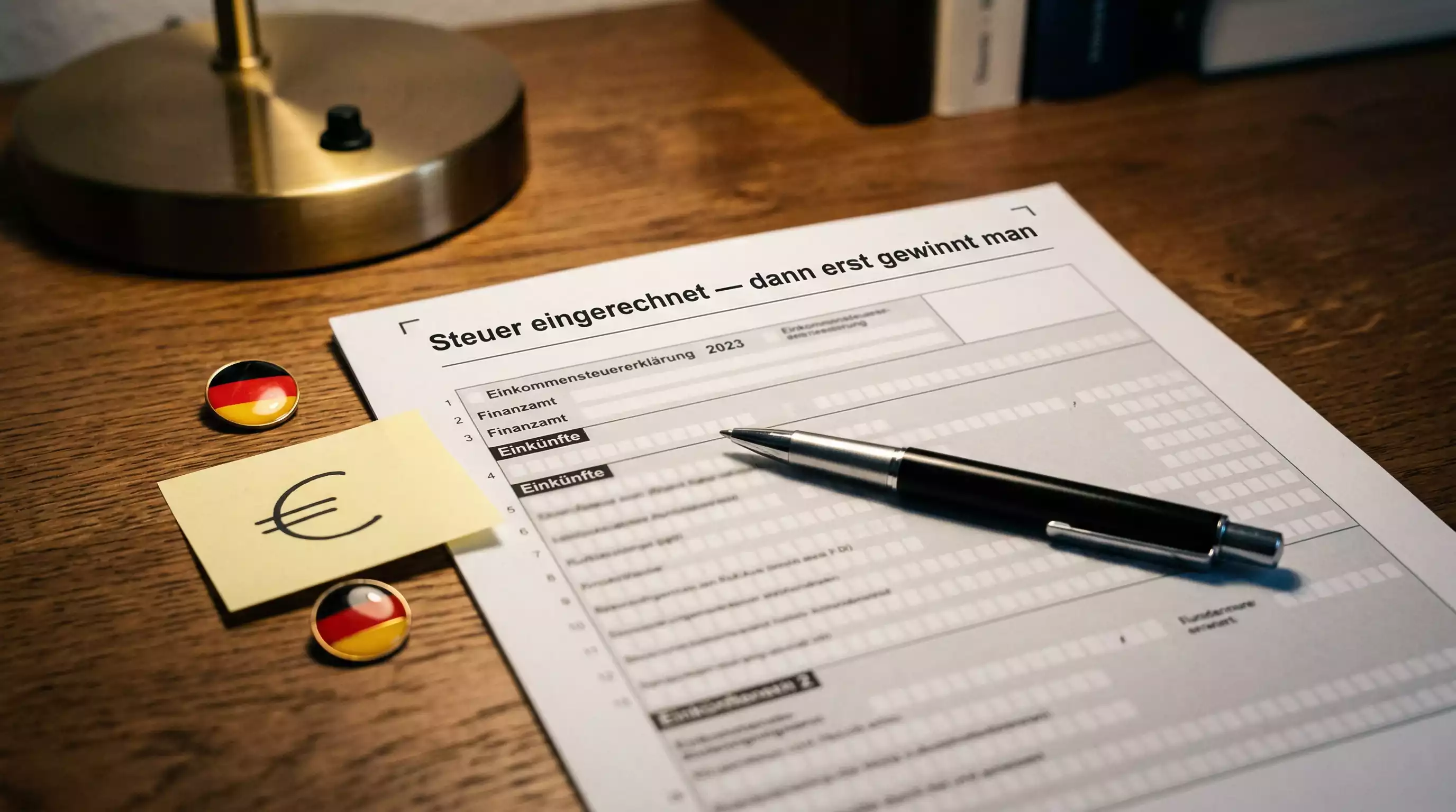 Offizielles Steuerformular neben einem Taschenrechner-Symbol und dem €-Zeichen auf einem Schreibtisch