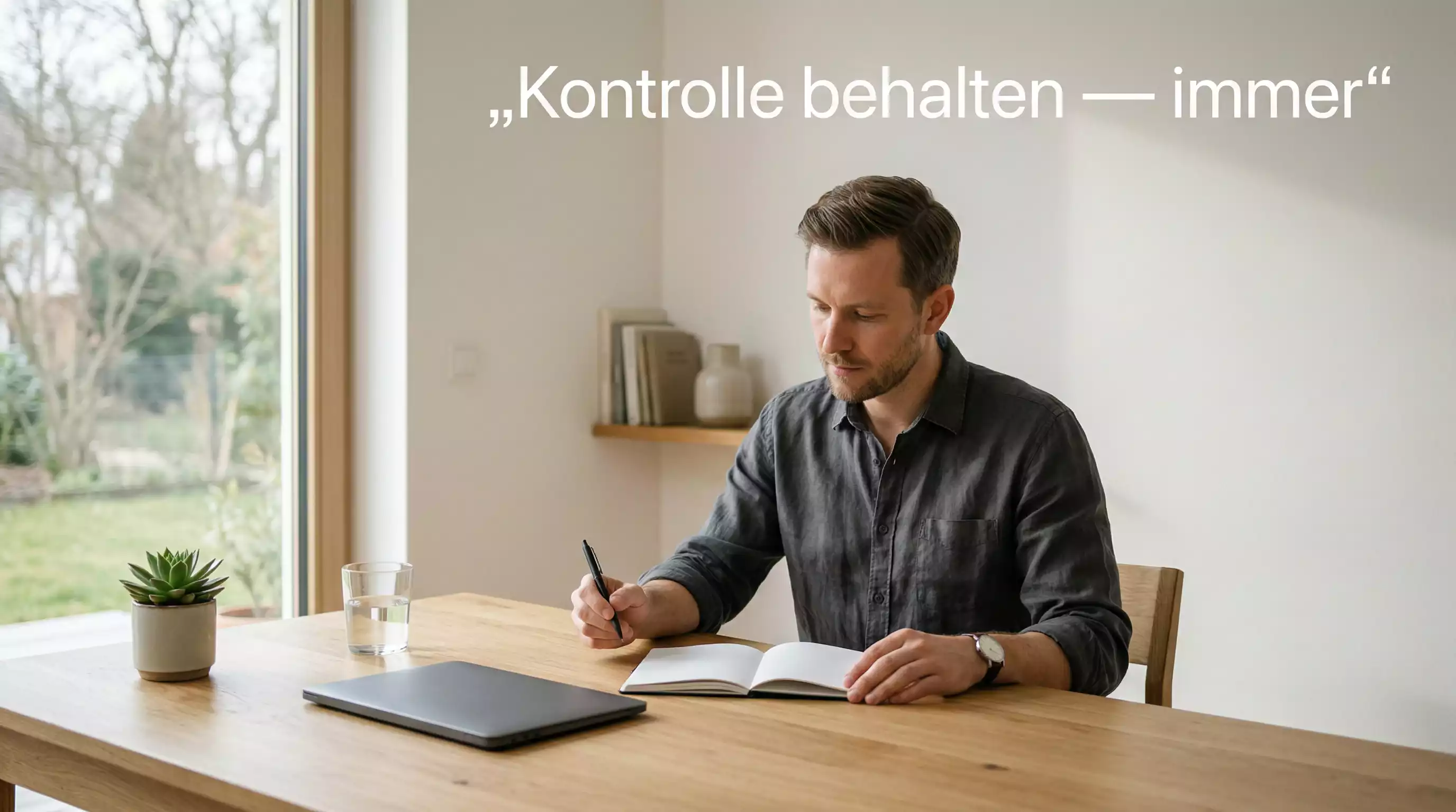 Person setzt sich nachdenklich mit einem Notizbuch an einen ruhigen Schreibtisch – verantwortungsvolles Spielen