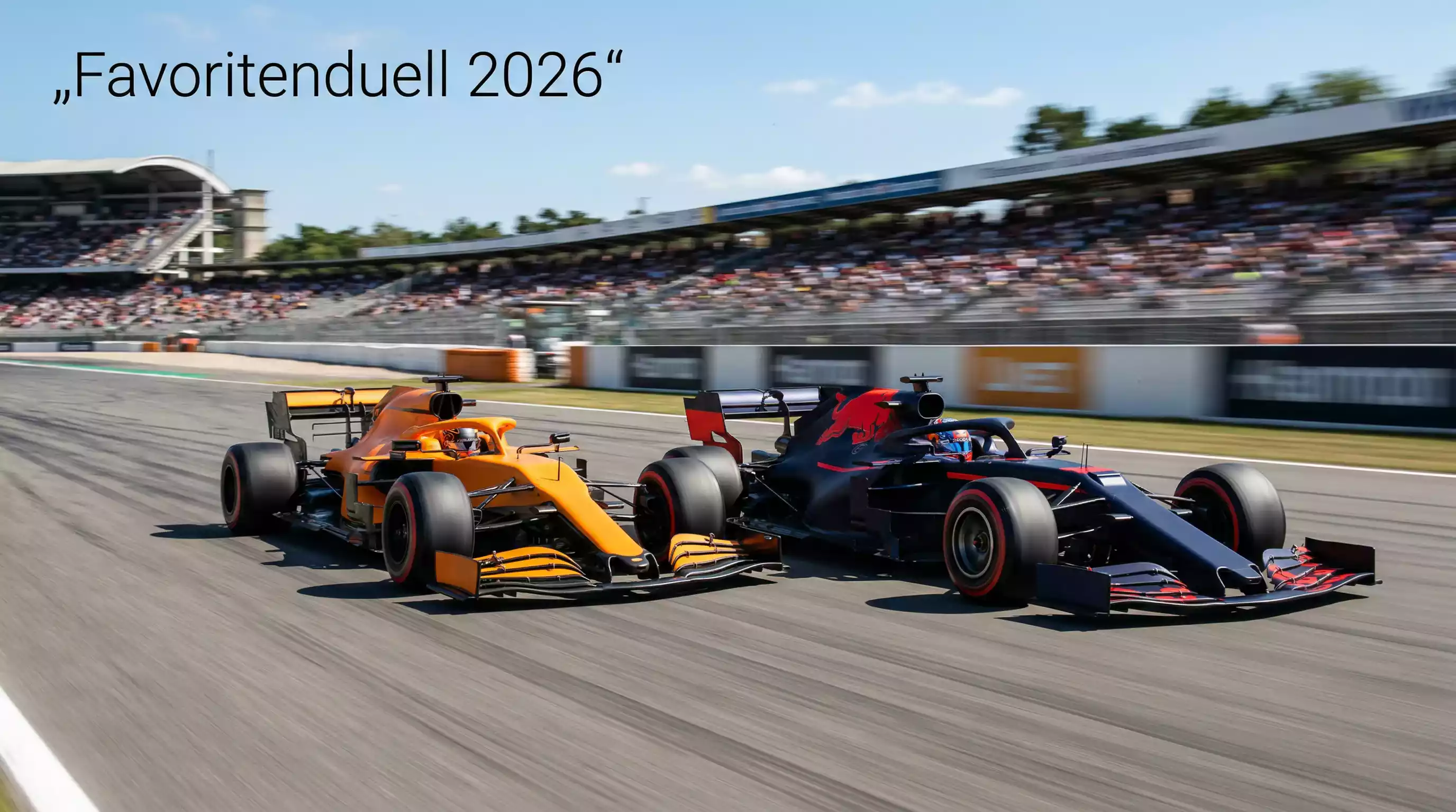 Zwei Formel-1-Boliden in Rot-Blau und Orange kämpfen Rad an Rad auf der Rennstrecke